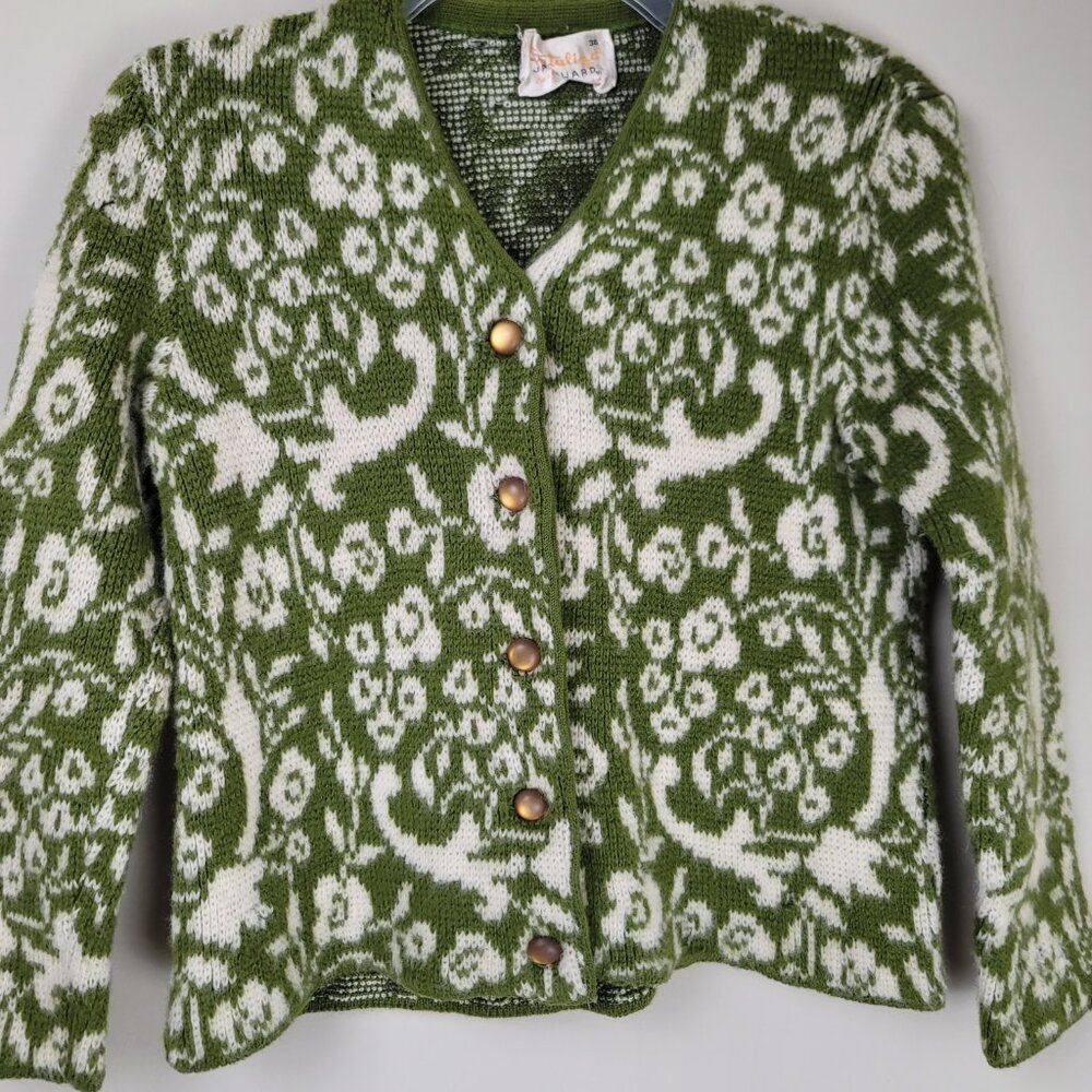 Vintage Catalina Jacquard Wool Cardigan Green Ivory Floral Women's XS - Picture 5 of 10